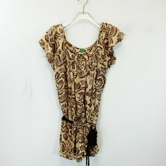 UNITED COLORS OF BENETTON Women Cream Brown Tunic Top SMALL Floral Flared Sleeve - Picture 1 of 9